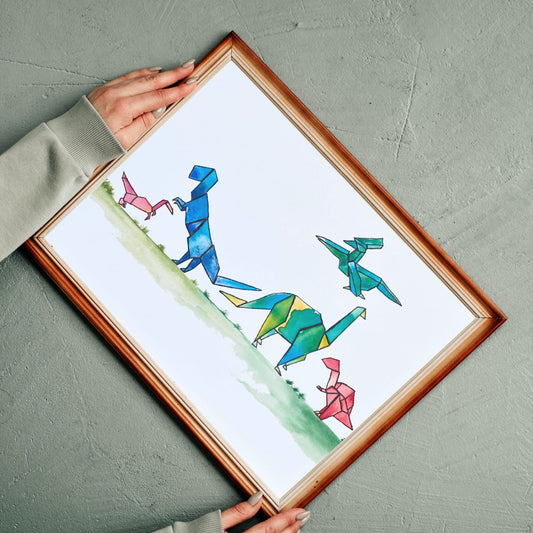 Origami Kingdom - The Mystical Rainbow Dinosaurs Print